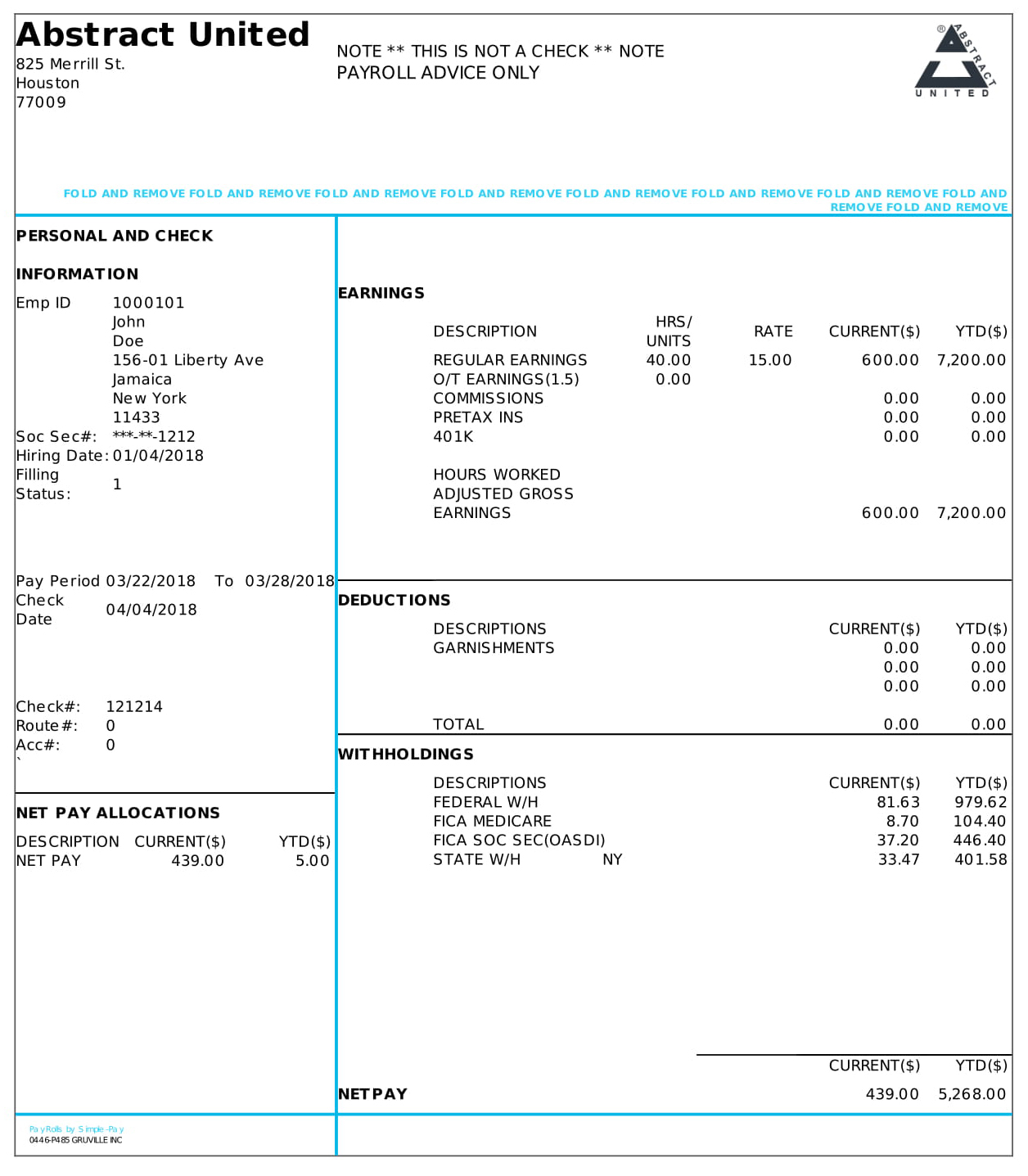 Simple Pay Stub Template from www.paycheckstubonline.com