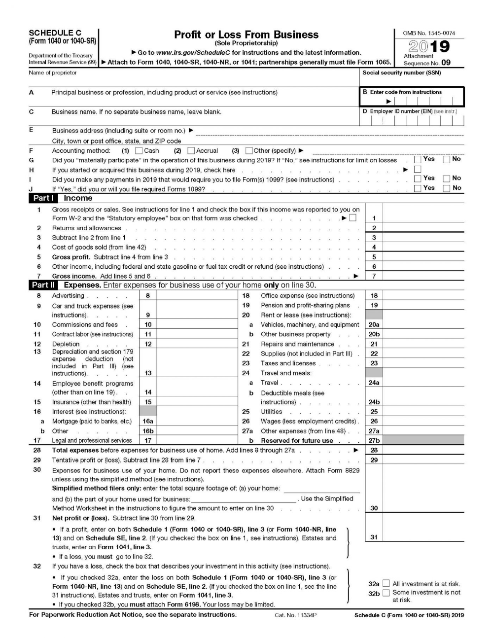 filled out schedule c tax form